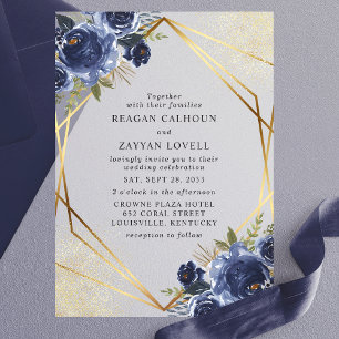Invitations En Vélin Mariage Moderne Géométrique Floral Bleu Marine Or