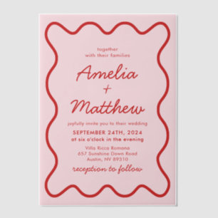 Invitations En Vélin Mariage moderne Wavy rose et rouge Retro Squiggle
