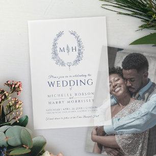 Invitations En Vélin Mariage monogramme bleu ovale