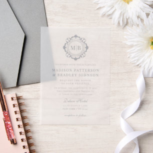 Invitations En Vélin Mariage Monogramme Floral Orné Blanc Argent
