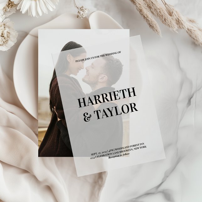 Invitations En Vélin Mariage monographique centré en noir et blanc (Créateur téléchargé)