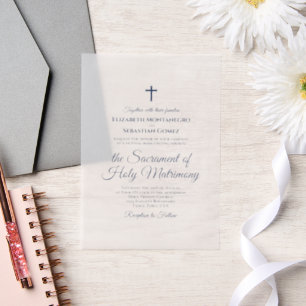 Invitations En Vélin Marine Bleu Script Élégant Mariage catholique mode