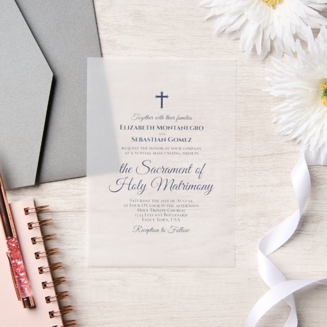 Invitations En Vélin Marine Bleu Script Élégant Mariage catholique mode (Mariage)