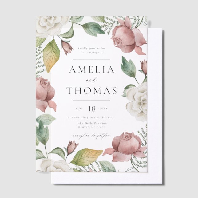 Invitations En Vélin Mauve rose et blanc Roses Floral Mariage Wreath (Compenser)