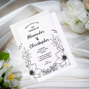 Invitations En Vélin Moderne Elégant noir Botanique Mariage floral