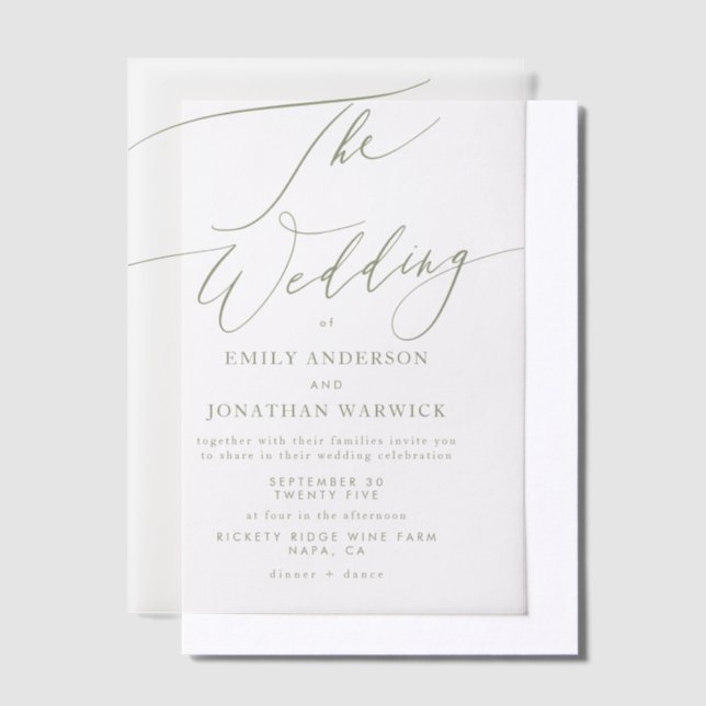 Invitations En Vélin Moderne Sage Green Calligraphie Mariage simple (Compenser)