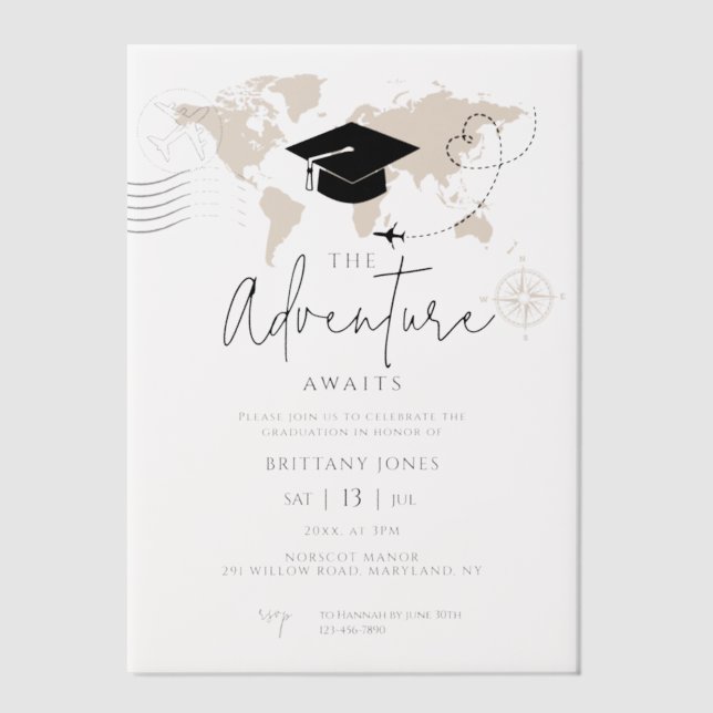Invitations En Vélin Mondial Map voyage aventure commence Graduation (Recto)