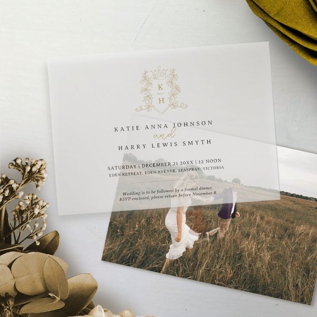 Invitations En Vélin Monogramme couronne coeur blanc or mariage (Créateur téléchargé)