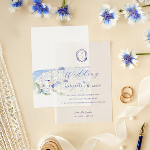 Invitations En Vélin Monogramme floral Crest Minimal Élégant Mariage bl
