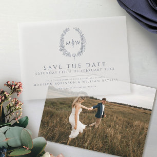 Invitations En Vélin Monogramme ovale bleu enregistrer la date mariage