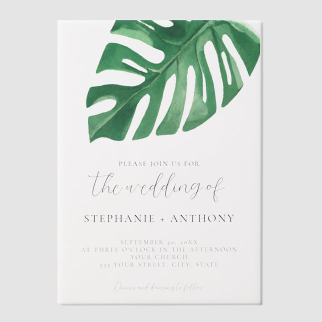 Invitations En Vélin Monstère tropicale verte Feuille Mariage d'été (Recto)