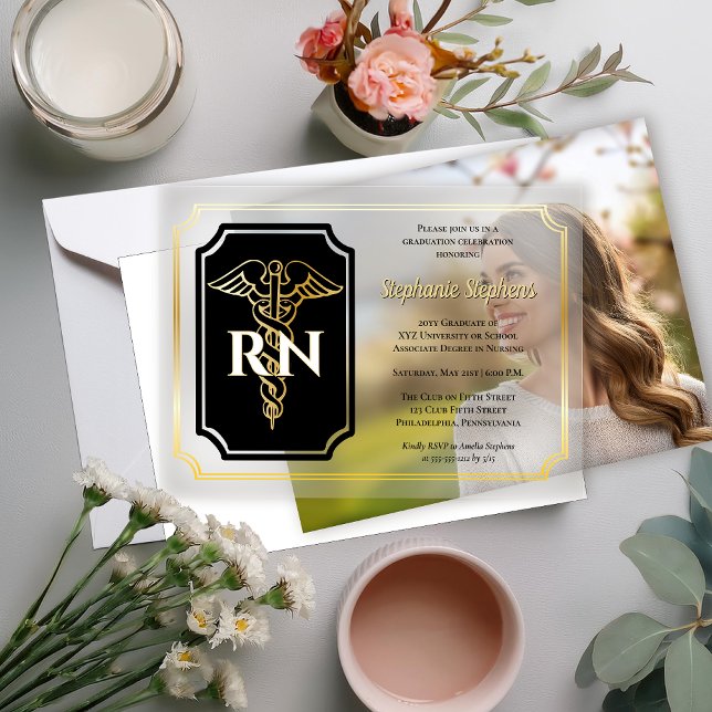 Invitations En Vélin Noir élégant | Gold Nurse RN Graduation Party (Elegant Black and Gold Tone Nurse RN Graduation Announcement and Party Invitation )