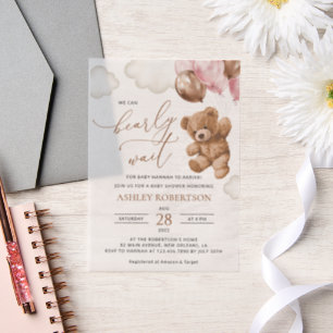 Invitations En Vélin Nounours, Bébé Ours, Ballons Roses, Baby Shower