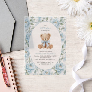 Invitations En Vélin Nounours, Nœud Bleu, Fleurs Bleues, Premier Annive