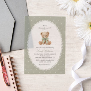 Invitations En Vélin Nounours, Nœud, Points verts, Baby Shower
