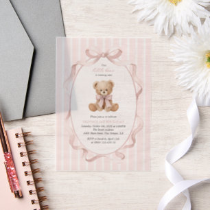 Invitations En Vélin Nounours, Nœud Rose, Rayures Roses, Premier Annive