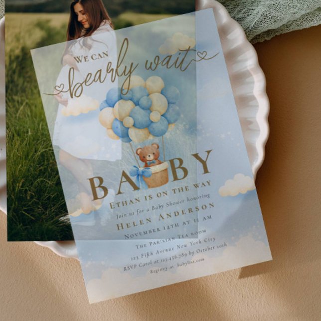Invitations En Vélin On peut attendre bleu Teddy Bear Baby shower (Créateur téléchargé)