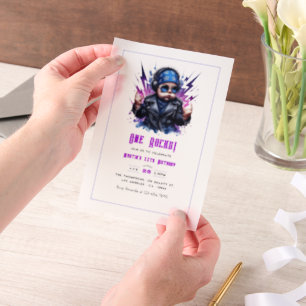 Invitations En Vélin "One Rocks !" Rock Star 1ère photo d'anniversaire