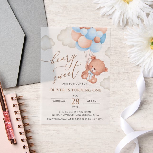 Invitations En Vélin Ours Bébé, Ballons Bleus, Premier anniversaire (Mariage)