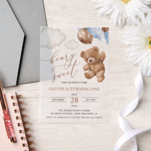 Invitations En Vélin Ours En Joue, Ballons Bleus, Premier Anniversaire