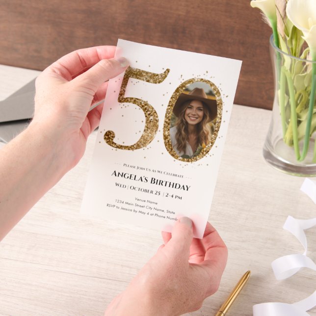 Invitations En Vélin Parties scintillant d'or 50e photo d'anniversaire  (Ordinateur de poche)