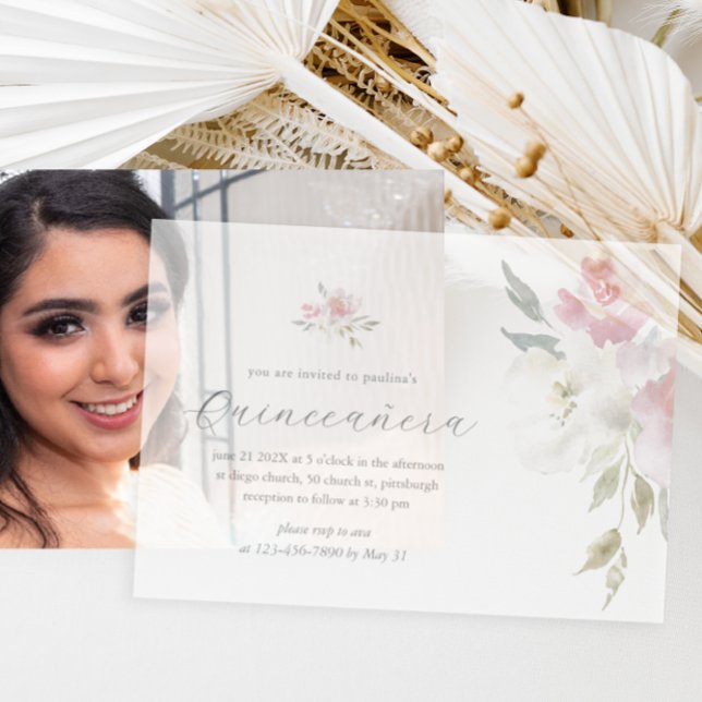 Invitations En Vélin Plutôt rose Floral 15 Ans Quinceañera (Créateur téléchargé)