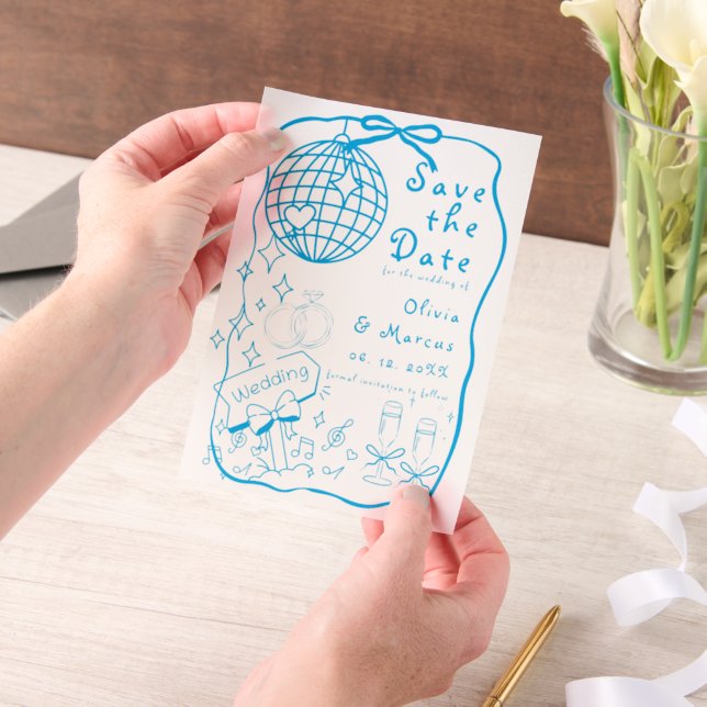 Invitations En Vélin Poignée Doodle Bleu Mariage Enregistrer La Date (Ordinateur de poche)