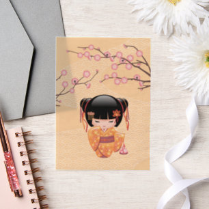 Invitations En Vélin Poupée Kokeshi Ume Japonaise Geisha Insert Jaune