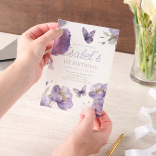 Invitations En Vélin Premier anniversaire, Papillon aux fleurs violet e