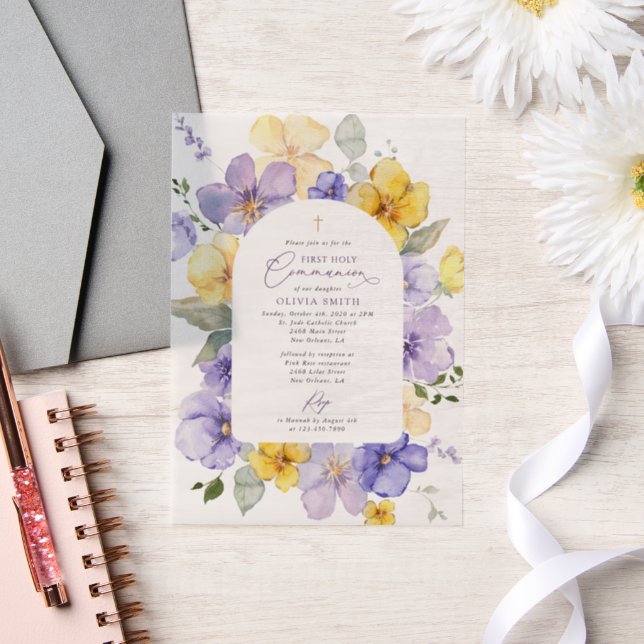 Invitations En Vélin Purple Flowers, Yellow Flowers, First Communion (Mariage)