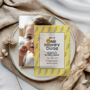 Invitations En Vélin Retro Lightning One Happy Dude 1st Birthday Photo