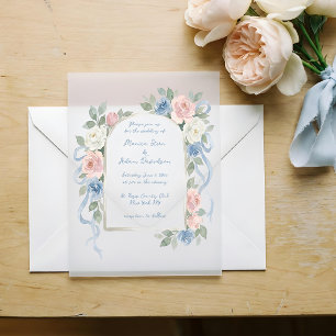 Invitations En Vélin Roses pastel rose, blanches et bleues & Arche de r