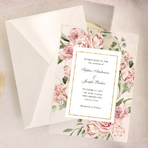 Invitations En Vélin Roses roses romantiques et or Mariage
