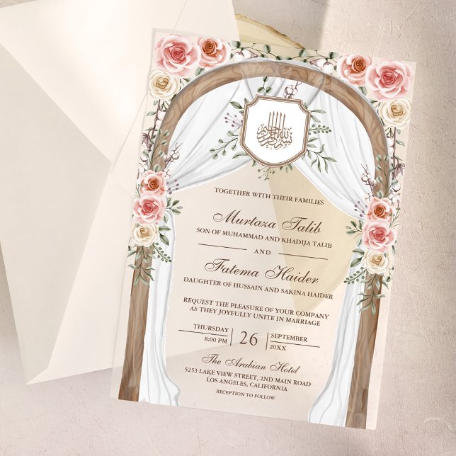 Invitations En Vélin Russe Bois Floral Arc islamique musulman Mariage (Créateur téléchargé)