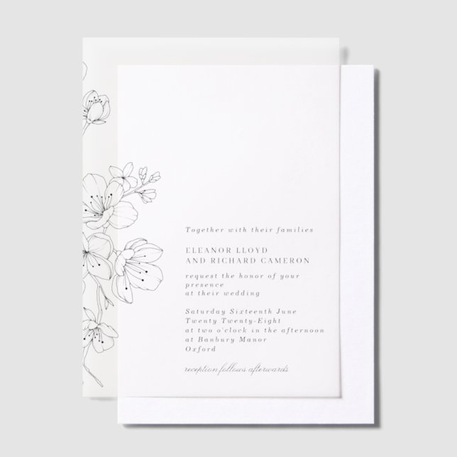 Invitations En Vélin Simple Mariage floral noir et blanc (Compenser)