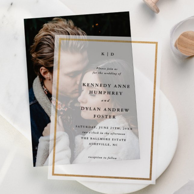 Invitations En Vélin Simple minima de typographie Monogramme Mariage su (Simple monogram gold frame vellum wedding invitations. Perfect with a photo or on their own.)