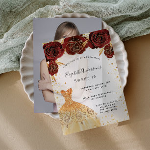 Invitations En Vélin Sweet 16 roses rouges robe parties scintillant rob