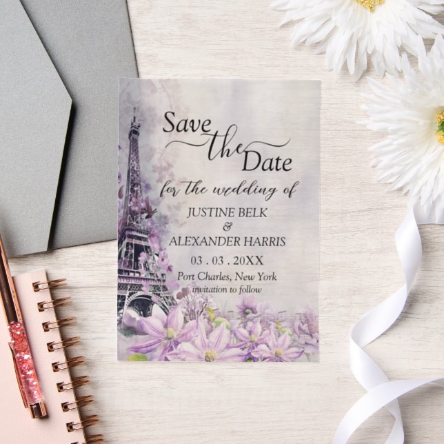 Invitations En Vélin Tour Eiffel Lavender Romance Enregistrer la date (Mariage)