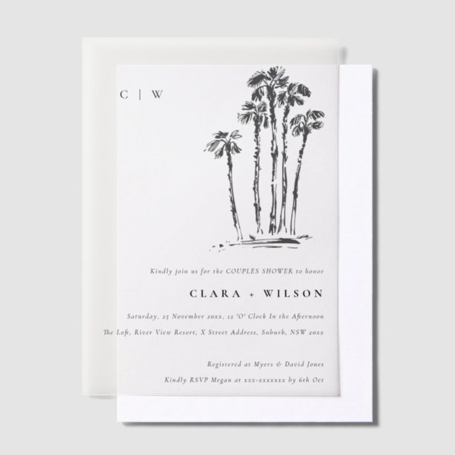 Invitations En Vélin Tropical Coastal Palm Tree Sketch Couples Douche (Compenser)