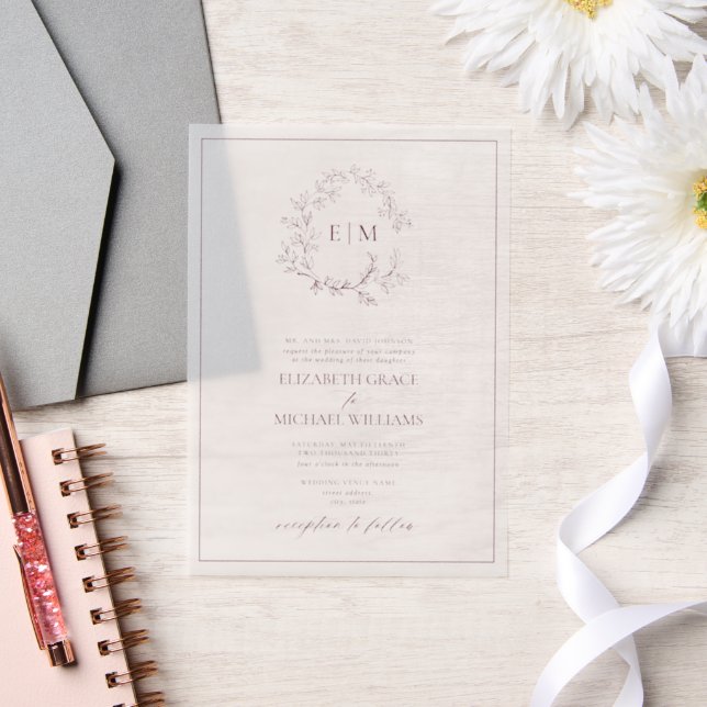 Invitations En Vélin Vellum Bourgogne Mariage de monogramme de poitrine (Mariage)