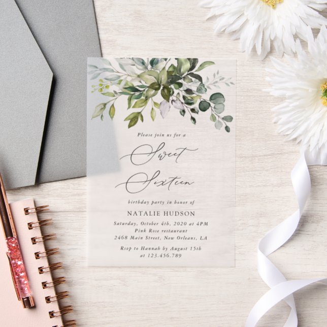 Invitations En Vélin Verdure, Eucalyptus Feuilles, Boho, Sweet 16 (Mariage)