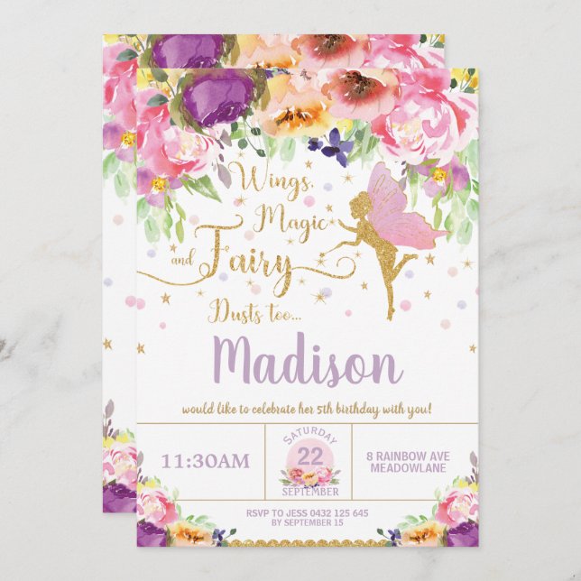 Invitations Fairy Birthday Invitations Purple Flor (Devant / Derrière)