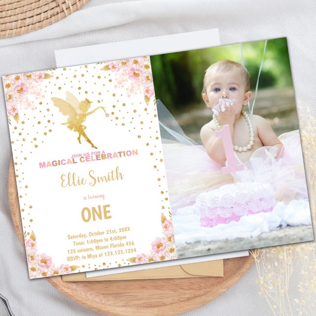 Invitations Fairy Party personnalisables pour les  (Floral Glitter Fairy Birthday Invitations w Photo)