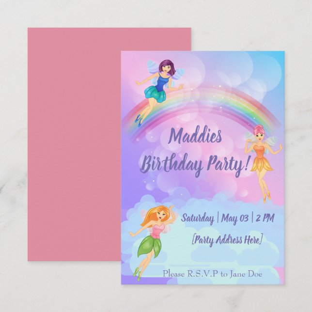 Invitations Fairy Rainbow Birthday (Devant / Derrière)