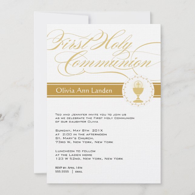 Invitations Fancy Script First Communion| Or (Devant)