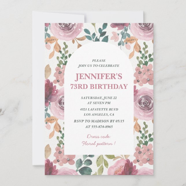 Invitations Floral 73e anniversaire Chic Watercolo (Devant)