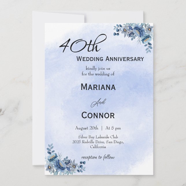 Invitations Floral Mariage bleu moderne (Devant)