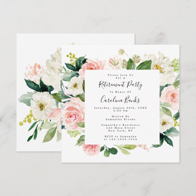 Invitations Floral Retraite Party, Carré Invita (Devant / Derrière)
