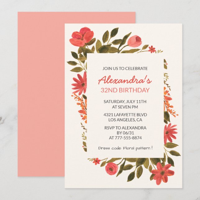 Invitations florales 34e anniversaire Boho Elegant (Devant / Derrière)