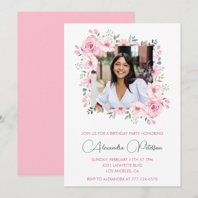 Invitations florales à 20e anniversaire Photo Pink (Devant / Derrière)
